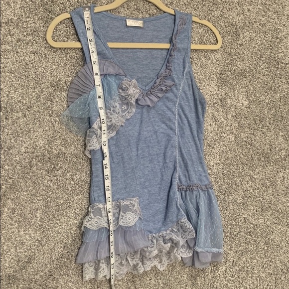 Forla Paris Boho Blue Ruffle Details Ribbed Tank Top - Picture 6 of 8